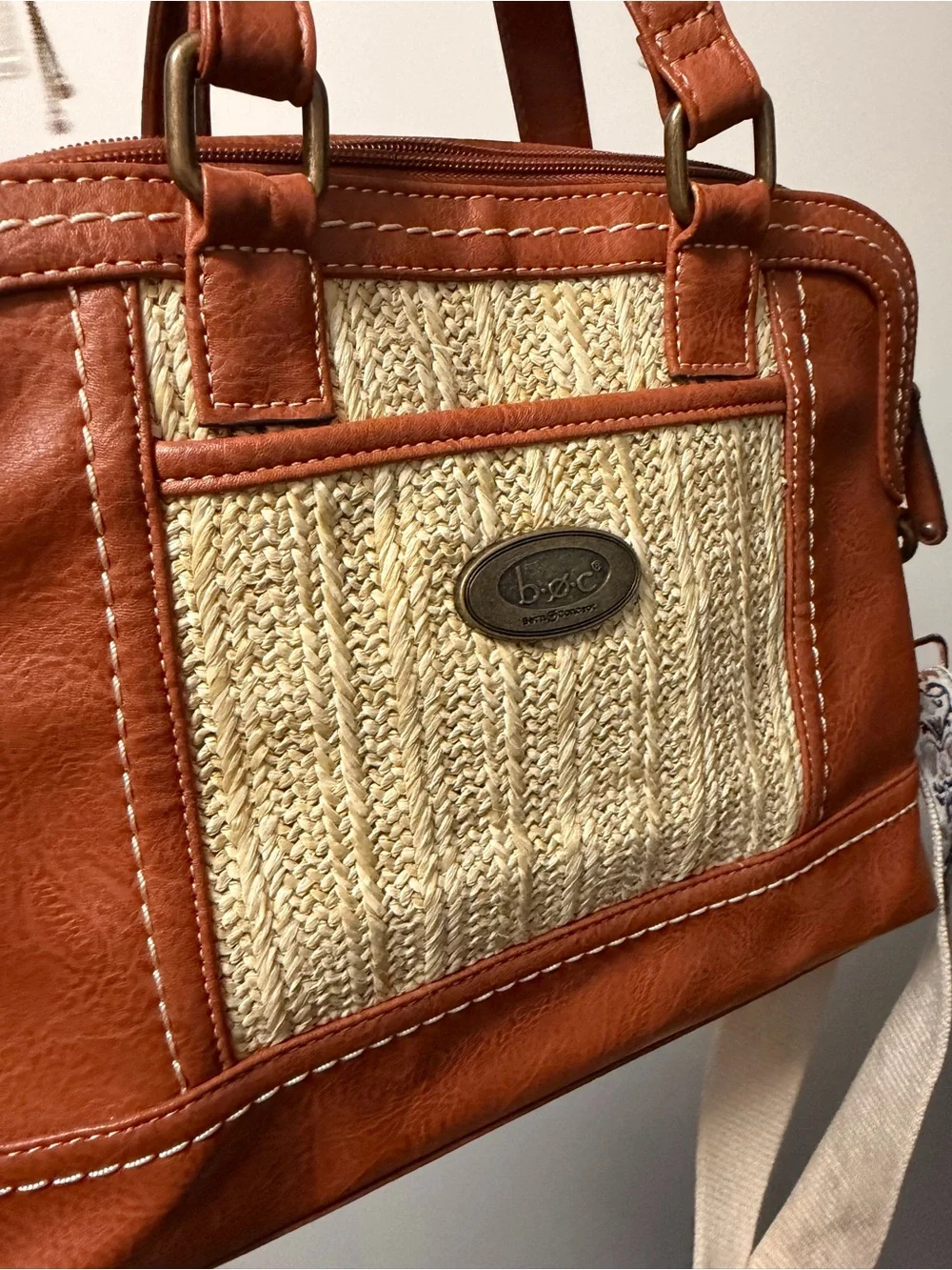 b.o.c. Tan Faux-Leather & Straw-Panel Satchel